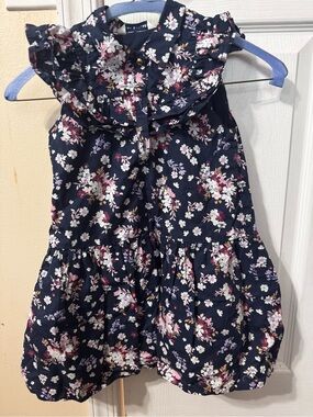 Janie and Jack Navy Floral Ruffle Dress with Pink and Cream Blooms